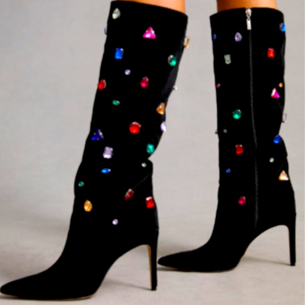 SCHUTZ MAYA GLAM BEJEWELED BOOTS 7 velvet